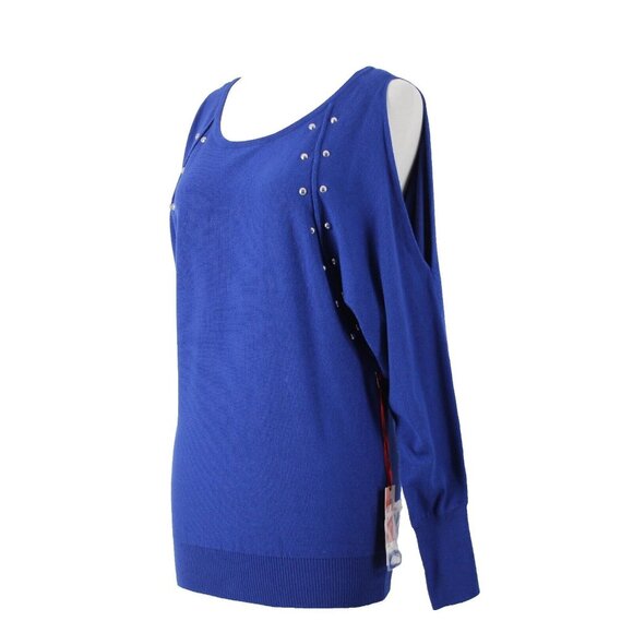 Jennifer Lopez $50 Sz XS Blue Silver Studded Cold Shoulder Viscose Sweater - Picture 2 of 16